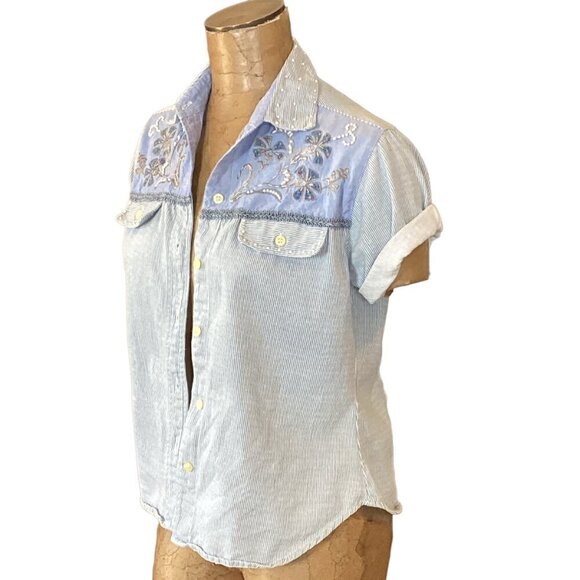 Vintage Bill Blass Button-Up Top Beaded Embroidered Striped Cotton S Blues 291B - Picture 5 of 9